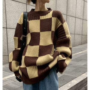 Trendy Oversized Checkered Sweater - Y2K Fashion Essential