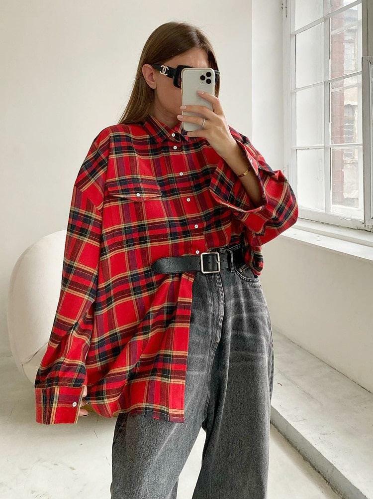 Trendy Oversized Plaid Shirt - Y2K Fashion Essential for 2000s Style