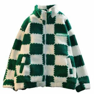 Trendy Plush Checkered Jacket - Y2K Fashion Essential for Stylish Looks