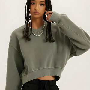 Trendy V-Neck Drop Shoulder Cropped Sweatshirt - Y2K Fashion Essential