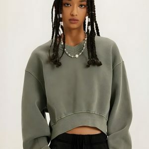 Trendy V-Neck Drop Shoulder Cropped Sweatshirt - Y2K Fashion Essential