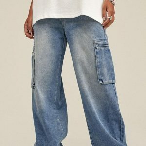 Trendy Washed Baggy Cargo Jeans - Embrace Y2K Fashion Vibes!