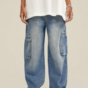 Trendy Washed Baggy Cargo Jeans - Embrace Y2K Fashion Vibes!