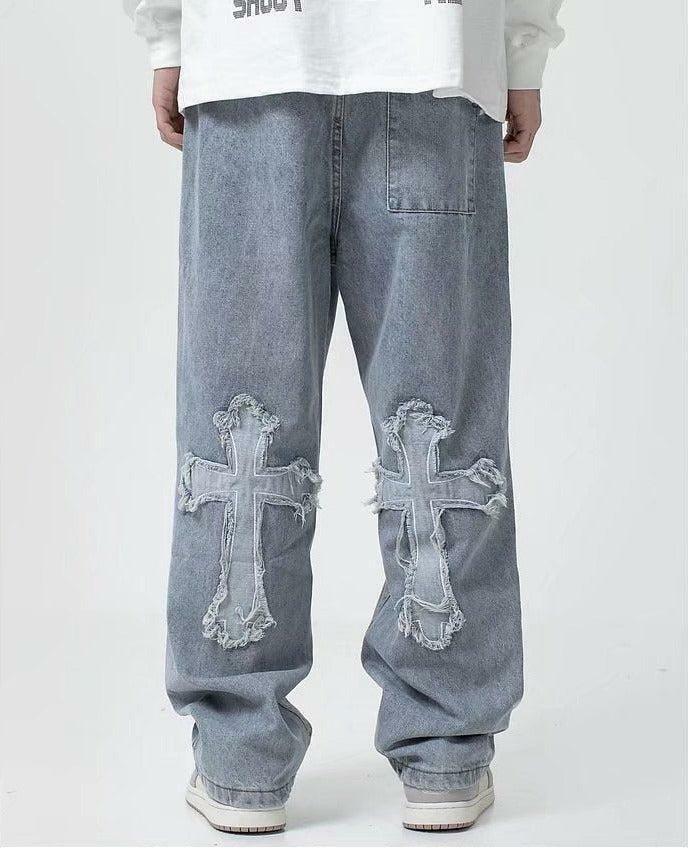 Trendy Y2K Fashion Cross Patchwork Baggy Jeans for a Retro 2000s Look