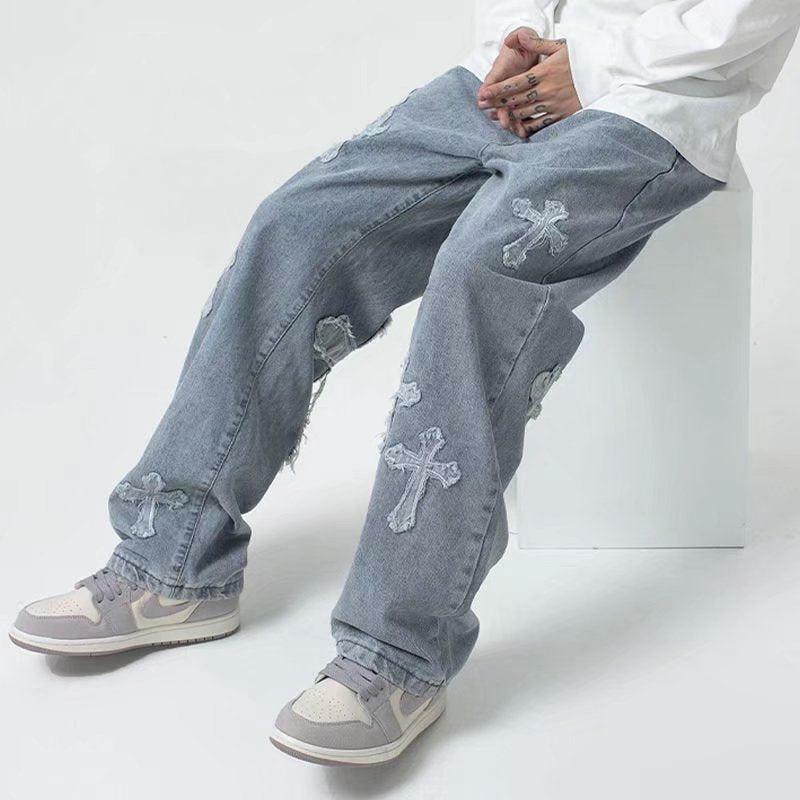 Trendy Y2K Fashion Cross Patchwork Baggy Jeans for a Retro 2000s Look