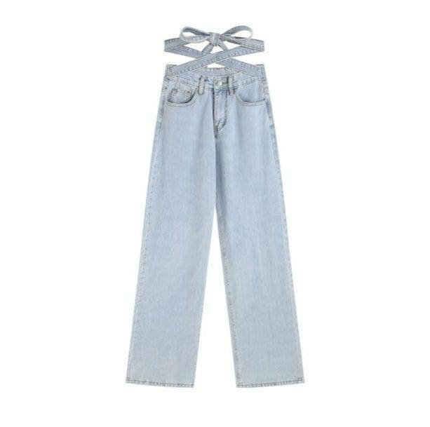 Trendy Y2K Fashion Cross Waist Jeans - 2000s Style for Effortless Chic