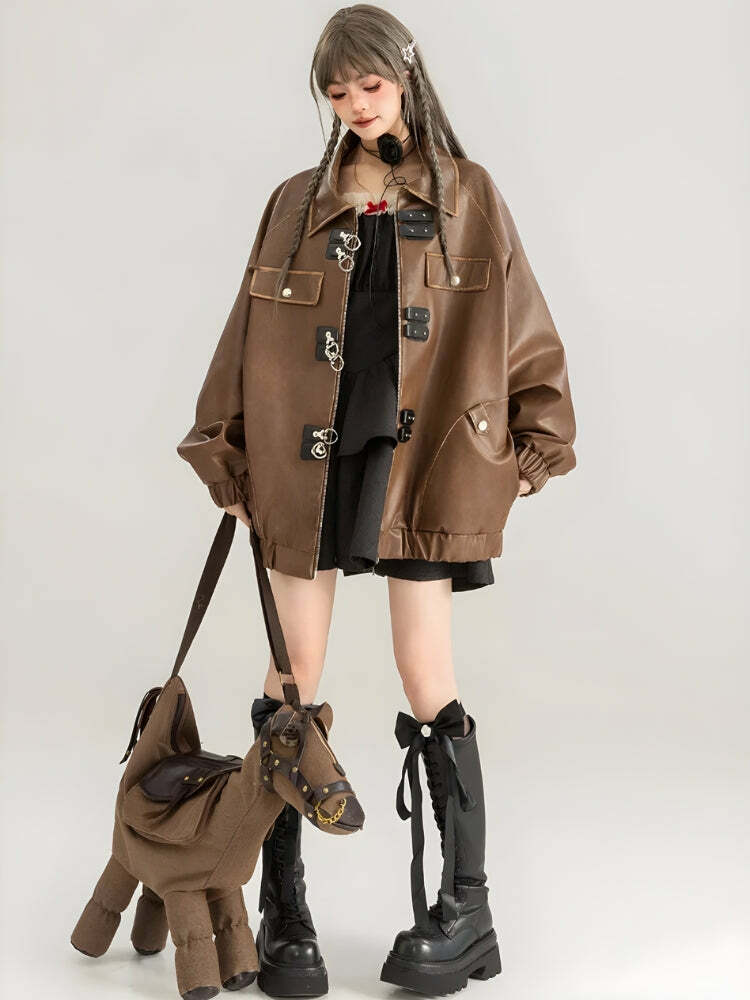 Trendy Y2K Fashion Faux Leather Oversized Jacket for Iconic 2000s Style