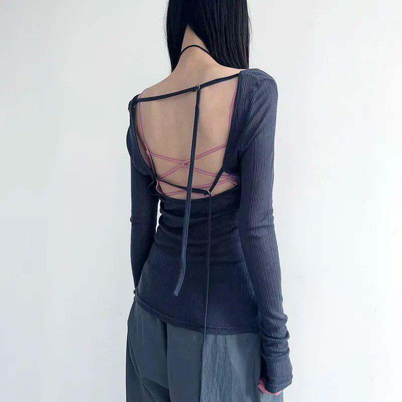 Trendy Y2K Fashion Knitted Mesh Backless Top for Stylish Outfits