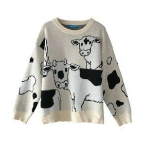 Trendy Y2K Fashion Lazy Cow Sweater - 2000s Style Aesthetic Top