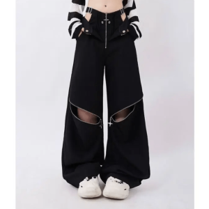 Trendy Y2K Fashion Open Zip Pants - 2000s Style for Effortless Chic