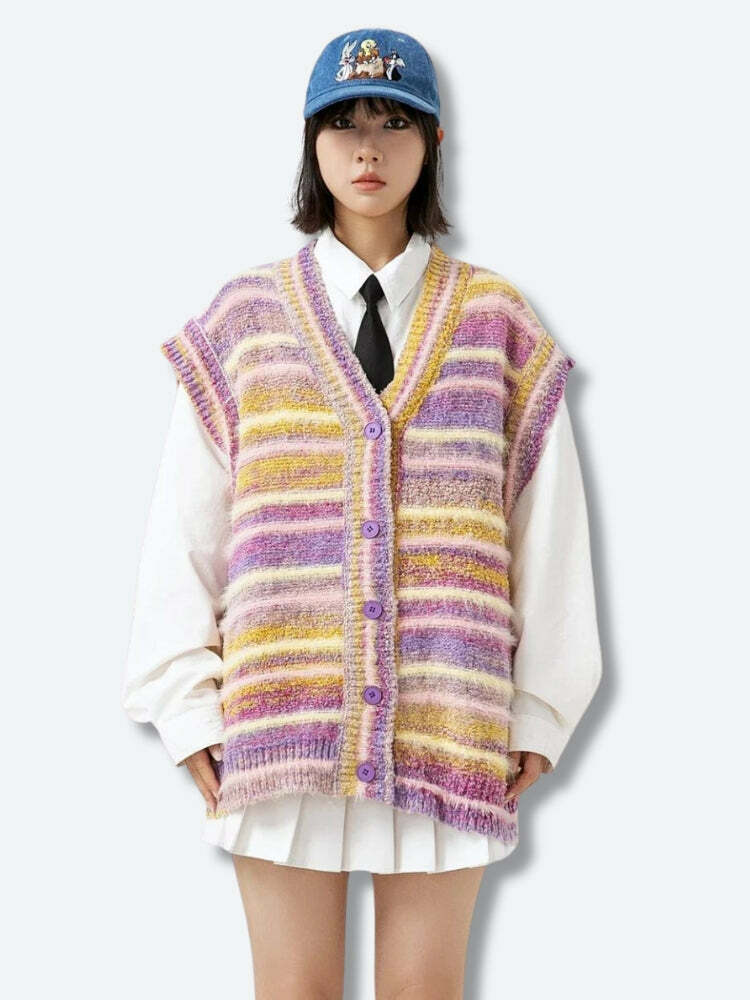 Trendy Y2K Fashion Plush Knitted Cardigan Vest for Stylish Outfits