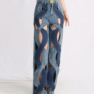 Trendy Y2K Fashion: Two Stylish Denim Cut Out Jeans for Unique Outfits