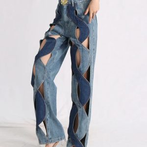 Trendy Y2K Fashion: Two Stylish Denim Cut Out Jeans for Unique Outfits