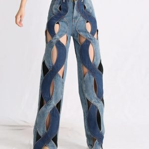 Trendy Y2K Fashion: Two Stylish Denim Cut Out Jeans for Unique Outfits