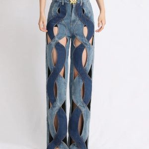 Trendy Y2K Fashion: Two Stylish Denim Cut Out Jeans for Unique Outfits