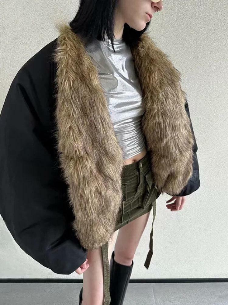 Trendy Y2K Faux Fur Puffer Jacket - 2000s Style Winter Essential