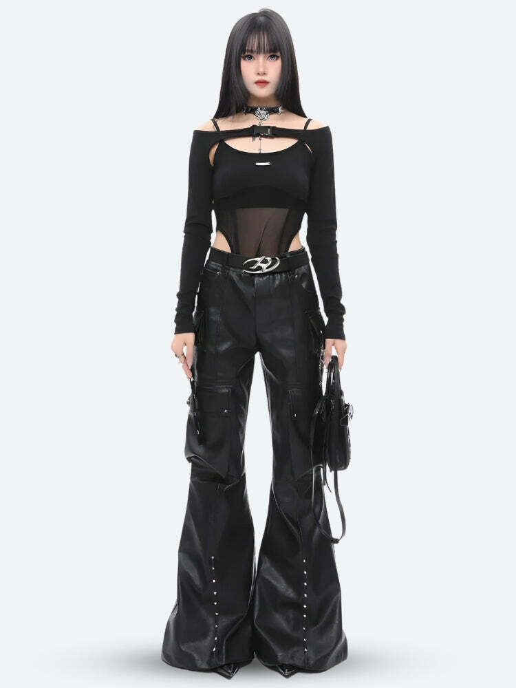 Trendy Y2K Faux Leather Cargo Pants for Ultimate 2000s Style