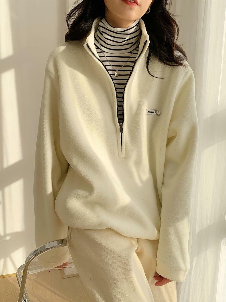 Trendy Y2K Half Zipper Fleece Sweatshirt - 2000s Style Essential