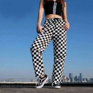 Trendy Y2K High Waist Black & White Pants - 2000s Fashion Essential