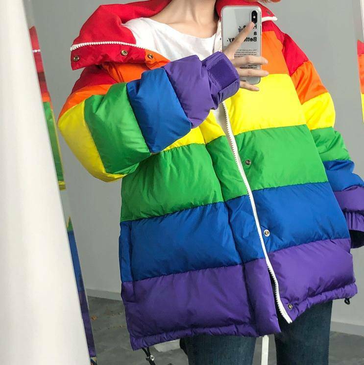 Trendy Y2K Puffy Rainbow Jacket - Vibrant 2000s Fashion Statement