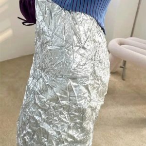 Wrinkled Silver Midi Skirt - Y2K Fashion Essential for 2000s Style