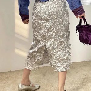 Wrinkled Silver Midi Skirt - Y2K Fashion Essential for 2000s Style