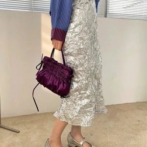 Wrinkled Silver Midi Skirt - Y2K Fashion Essential for 2000s Style