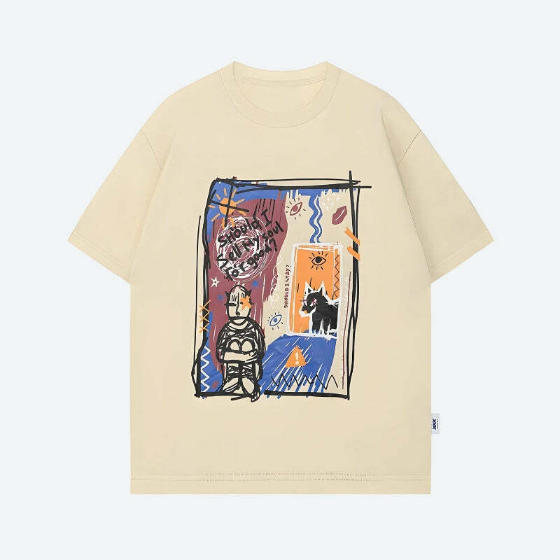 Y2K Aesthetic Abstract Sketch Graphic Tee - Trendy 2000s Style Top