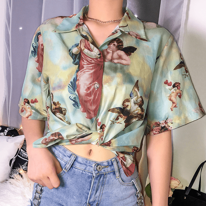 Y2K Aesthetic Angel Shirt - Trendy 2000s Fashion Top for Stylish Looks