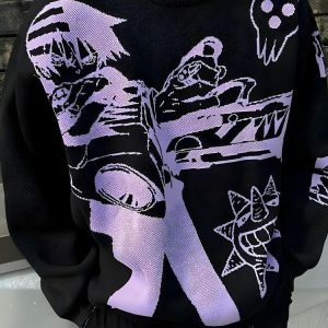 Y2K Aesthetic Anime Knitted Sweater - Trendy 2000s Style Fashion