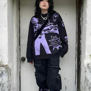 Y2K Aesthetic Anime Knitted Sweater - Trendy 2000s Style Fashion