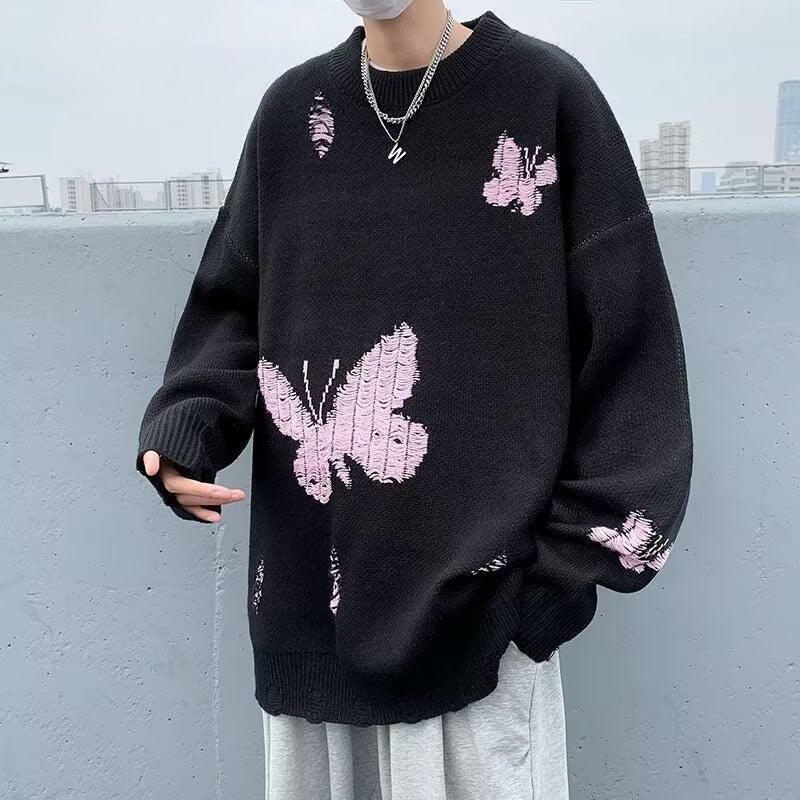 Y2K Aesthetic Butterfly Distressed Knitted Sweater - 2000s Fashion Trend