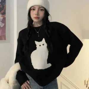 Y2K Aesthetic Cat Sweater: Trendy 2000s Fashion for Unique Style