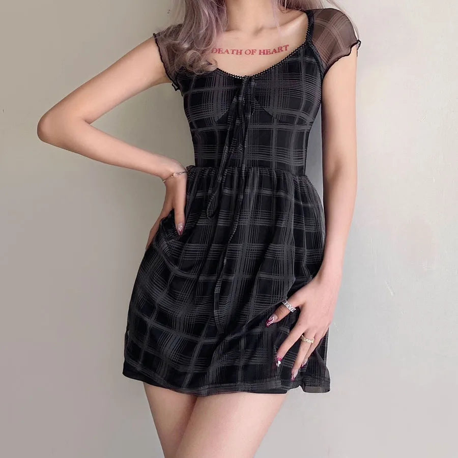 Y2K Aesthetic Goth Plaid Mini Dress - 2000s Fashion Trend Outfit