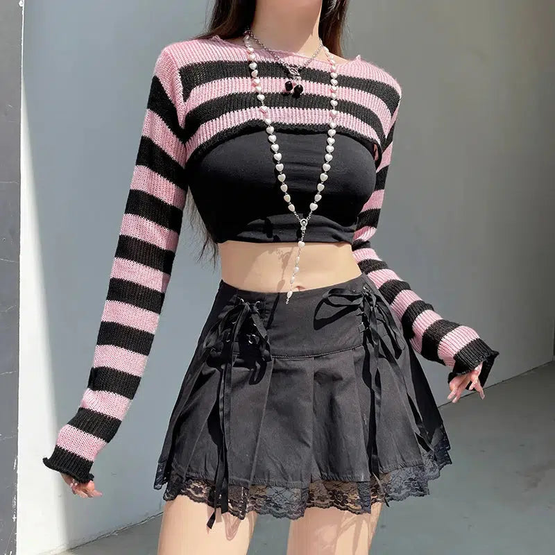 Y2K Aesthetic Goth Striped Knitted Shrug Sweater for Trendy Outfits