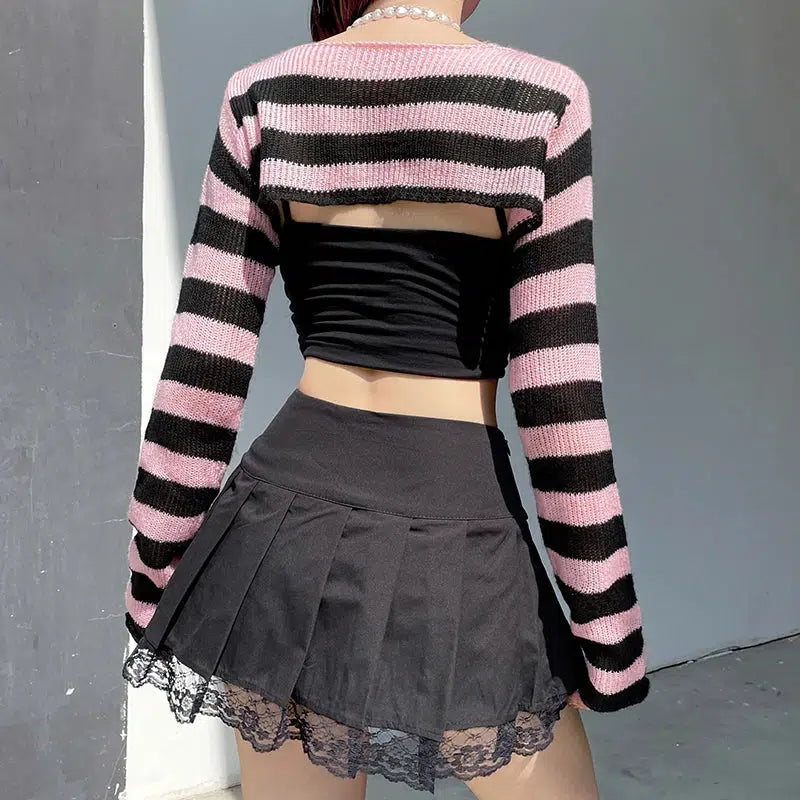 Y2K Aesthetic Goth Striped Knitted Shrug Sweater for Trendy Outfits