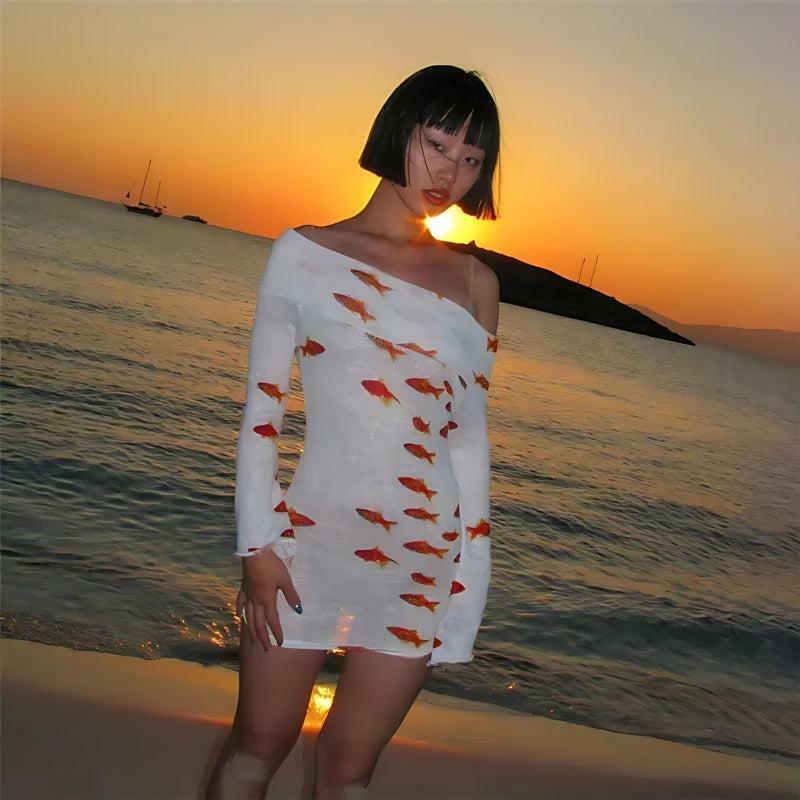 Y2K Aesthetic Koi Fish Printed Mesh Mini Dress for Trendy Looks