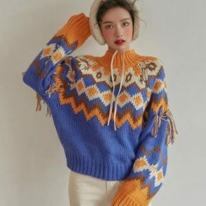 Y2K Aesthetic Retro Pattern Knitted Christmas Sweater for Festive Style