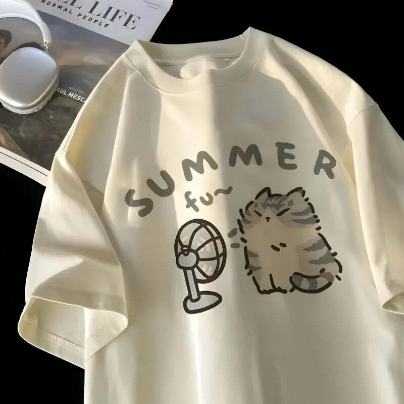 Y2K Aesthetic Summer Cat Tee - Trendy 2000s Fashion Top