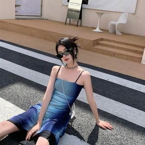 Y2K Blue Gradient Strappy Midi Dress - Trendy 2000s Fashion Aesthetic