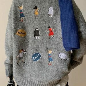 Y2K Cartoon Embroidered Knitted Sweater - Trendy 2000s Style Top