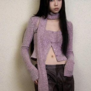 Y2K Corduroy Cropped Scarf Cardigan - Trendy 2000s Fashion Essential