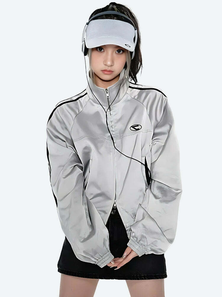 Y2K Cyberpunk Reflective Double Zip-Up Jacket for Trendy Outfits