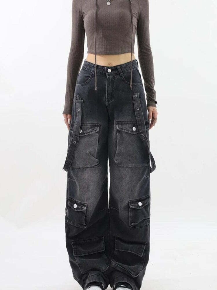 Y2K Dark Wash Cargo Jeans with Belt - Trendy 2000s Style Pants