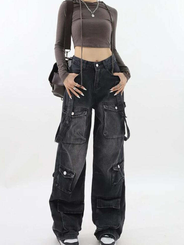 Y2K Dark Wash Cargo Jeans with Belt - Trendy 2000s Style Pants