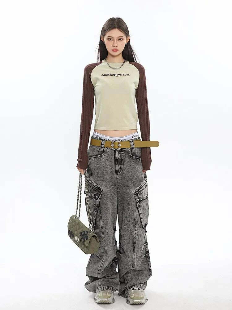 Y2K Distressed Cargo Jeans with Big Pockets - Trendy 2000s Style