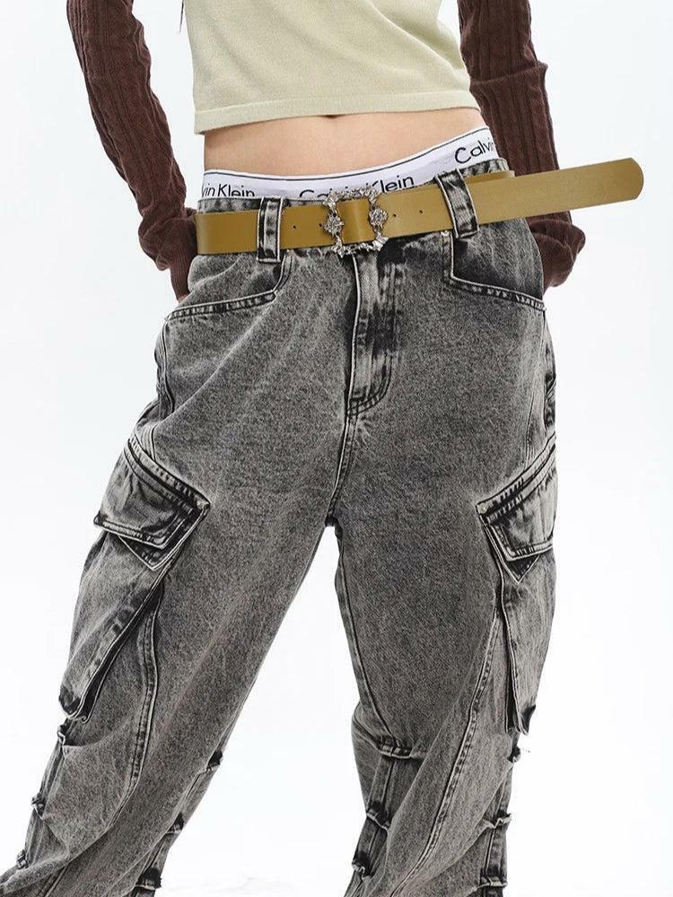 Y2K Distressed Cargo Jeans with Big Pockets - Trendy 2000s Style