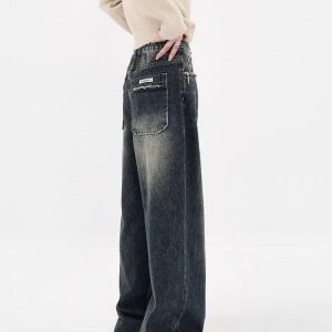 Y2K Distressed Pocket Wide Leg Jeans - Trendy 2000s Fashion Essential