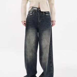 Y2K Distressed Pocket Wide Leg Jeans - Trendy 2000s Fashion Essential