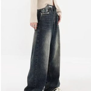 Y2K Distressed Pocket Wide Leg Jeans - Trendy 2000s Fashion Essential